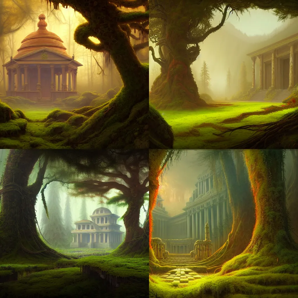 Prompt: a beautiful highly detailed matte painting of a neoclassical temple partially covered by moss in a desolate forest with warm colors by Jose Daniel Cabrera Pena and Leonid Kozienko, Noah Bradley concept art