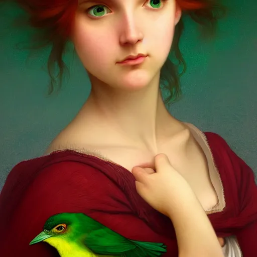 Image similar to a beautiful stunning fantasy whimsical matte digital portrait illustration of a pretty womam with bright green eyes and fiery red hair with a green bird on her shoulder, in the style of William Adolphe-Bouguereau and Marc Simonetti, magic the gathering, trending on artstation, contest winner