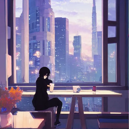 Image similar to a masterpiece detailed beautiful cityscape, early hour morning, a girl drinking coffee with mobile on the table, by Makoto Shinkai