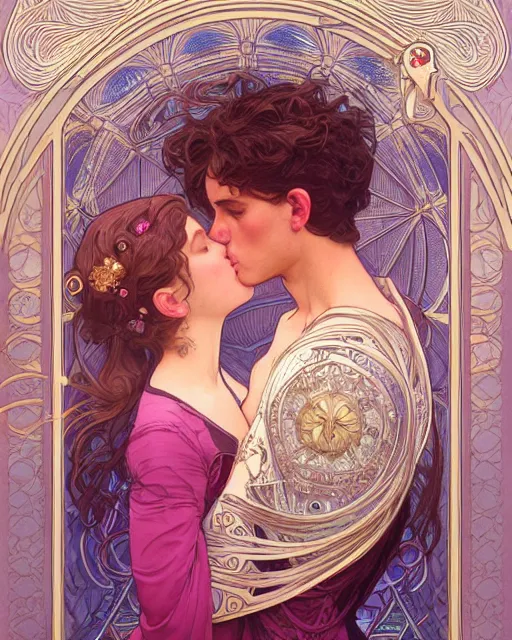 Image similar to the kiss | highly detailed | very intricate | art nouveau | gold filigree | romantic storybook fantasy | soft cinematic lighting | award - winning | painted by mandy jurgens and alphonse mucha and alena aenami | pastel color palette | featured on artstation