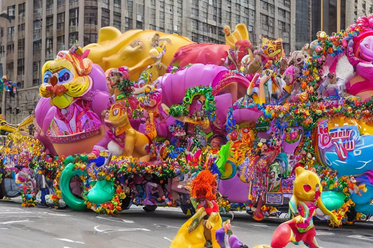 Image similar to photo of giant elaborate parade float designed by geoff darrow!!!! and ( ( ( ( ( ( lisa frank ) ) ) ) ) ), in the macys parade, detailed 4 k photo