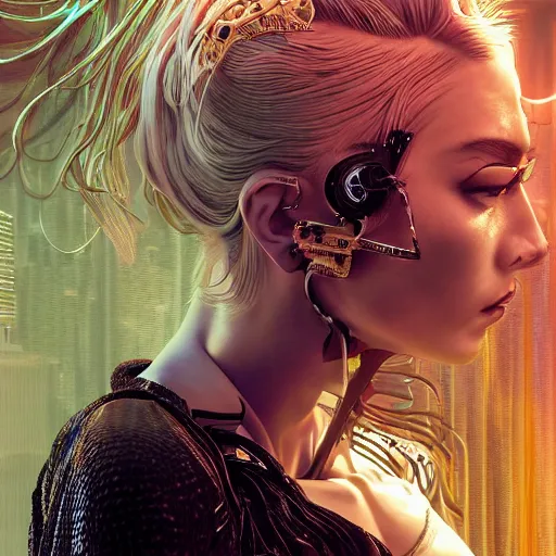 Prompt: the portrait of an absurdly beautiful, graceful, elegant, sophisticated, fashionable cyberpunk gravure idol, an ultrafine hyperdetailed illustration by kim jung gi, irakli nadar, hanna moon, intricate linework, bright colors, porcelain skin, unreal engine 5 highly rendered, cgsociety, global illumination, radiant light, detailed and intricate environment