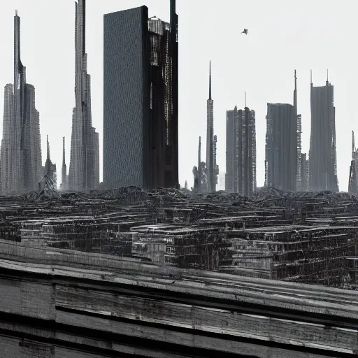 Prompt: the skyline of a dystopian city, highly detailed photography