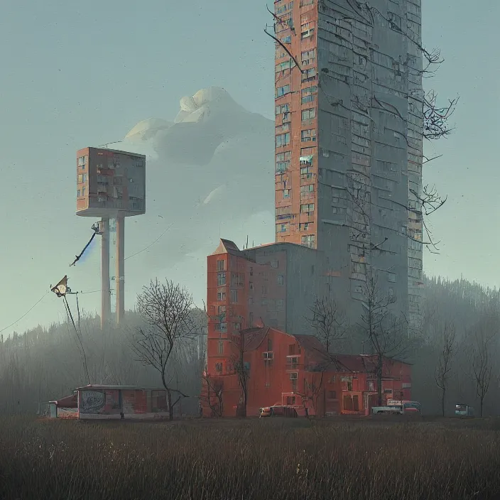 Prompt: a building in a landscape, by simon stalenhag