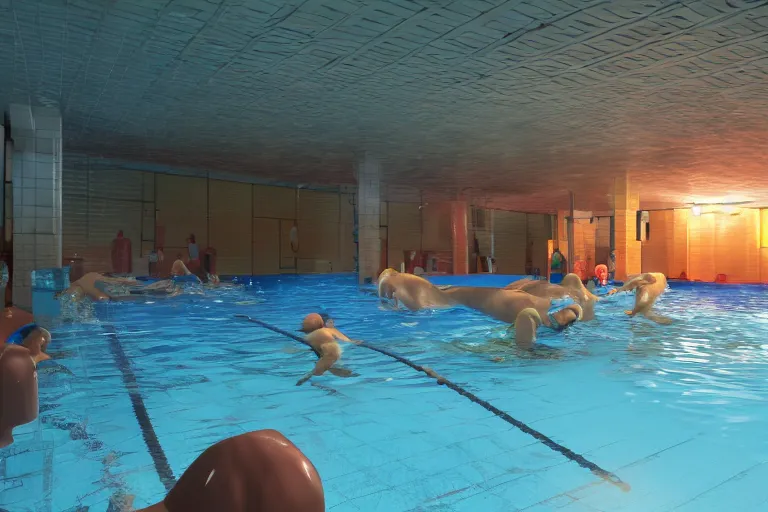 Image similar to photo, two old men fight pig mutants 4 0 1 2 7 inside a swimming pool, highly detailed, scary, volumetric lighting, front view