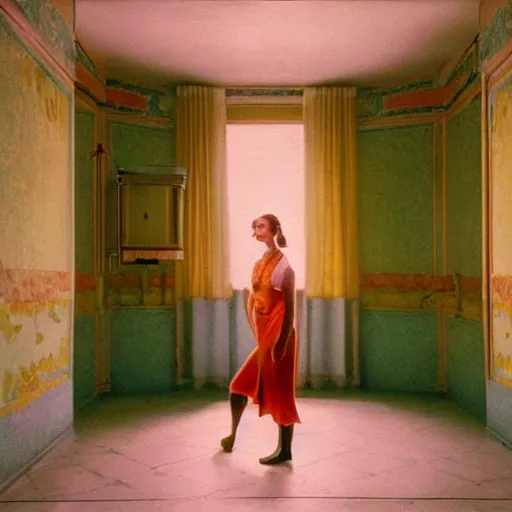 Image similar to a beautiful shiny girl in an soviet golden liminal abandoned room, film still by wes anderson, depicted by balthus, limited color palette, very intricate, art nouveau, highly detailed, lights by hopper, soft pastel colors