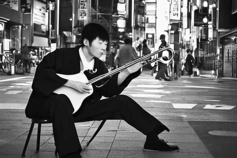 Image similar to still photo of a japanese man playing jazz on the street, black and white color aesthetic, highly detailed, photorealistic portrait, bright studio setting, studio lighting, crisp quality and light reflections, unreal engine 5 quality render