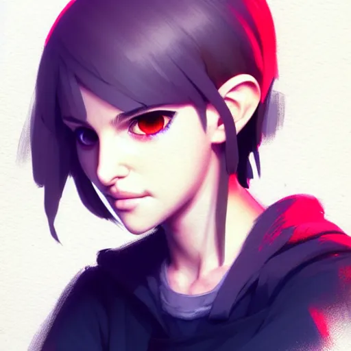 Prompt: beautiful boyish natalie portman 3 / 4 pose, close up nose, giant mohawk hair, game assets, overlay gapmoe yandere grimdark, trending on pixiv fanbox, painted by greg rutkowski makoto shinkai takashi takeuchi studio ghibli, akihiko yoshida