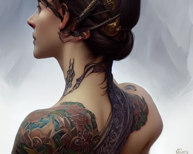 Image similar to neck tattoo, deep focus, d & d, fantasy, intricate, elegant, highly detailed, digital painting, artstation, concept art, matte, sharp focus, illustration, hearthstone, art by artgerm and greg rutkowski and alphonse mucha