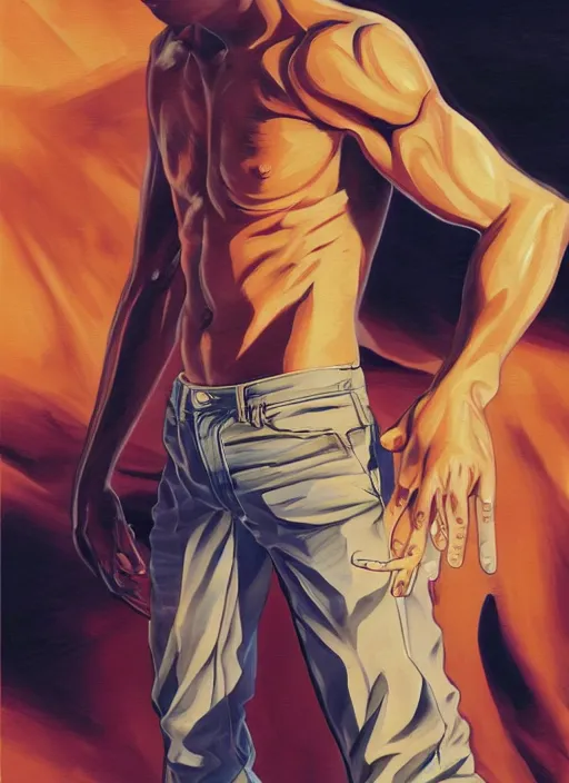 Prompt: Portrait of Onizuka from GTO wearing jeans and no tshirt, masculine and muscular, smoking a cigarette, intricate body, whole body highly detailed, digital painting, artstation, concept art, smooth, sharp focus, illustration, art by Hajime Sorayama