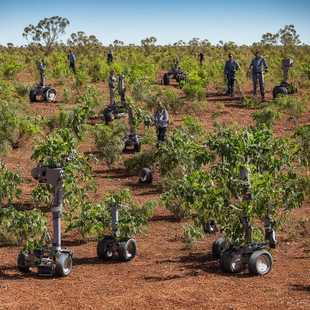 Prompt: tripedal robots harvesting a permaculture food forest in the australian desert, near an earthship village, next to a billabong, with crocodiles, XF IQ4, 150MP, 50mm, F1.4, ISO 200, 1/160s, natural light