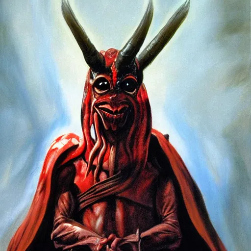 Image similar to ultra realistic portrait painting of jar jar binks as a sith lord, art by frank frazetta, 4 k, ultra realistic, highly detailed, epic lighting