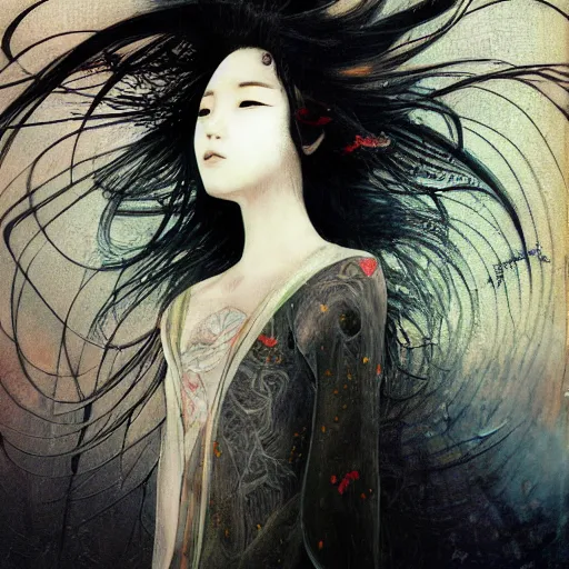 Image similar to yoshitaka amano blurred and dreamy realistic illustration of a young japanese woman with black eyes, wavy white hair fluttering in the wind wearing elden ring armor with engraving, abstract patterns in the background, satoshi kon anime, noisy film grain effect, highly detailed, renaissance oil painting, weird portrait angle, blurred lost edges, three quarter view