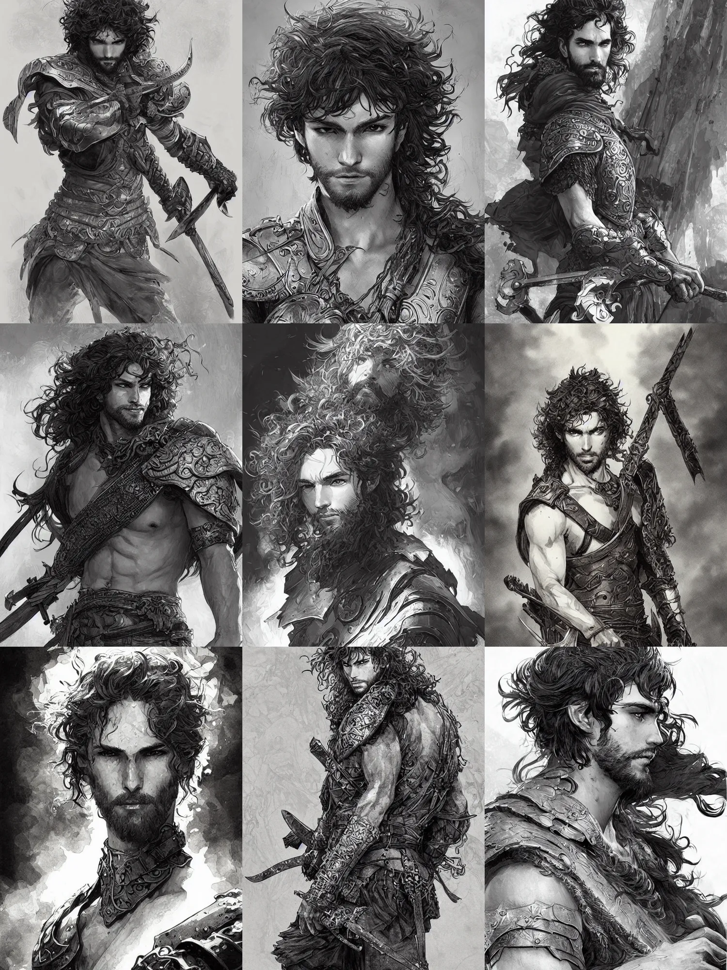 Prompt: picture of a young warrior, male, messy curly hair, early beard, skinny, simple armor, handsome features, highly detailed, detailed face, manga illustration, black and white, by artgerm, greg rutkowski, alphonse mucha