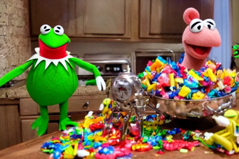 Prompt: a still the muppets of kermit the frog made out of candy next to a robot mrs piggy