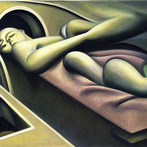 Prompt: sci - fi sarcophagus, statis chamber, sleeping crew, dystopian, pj crook, edward hopper, oil on canvas