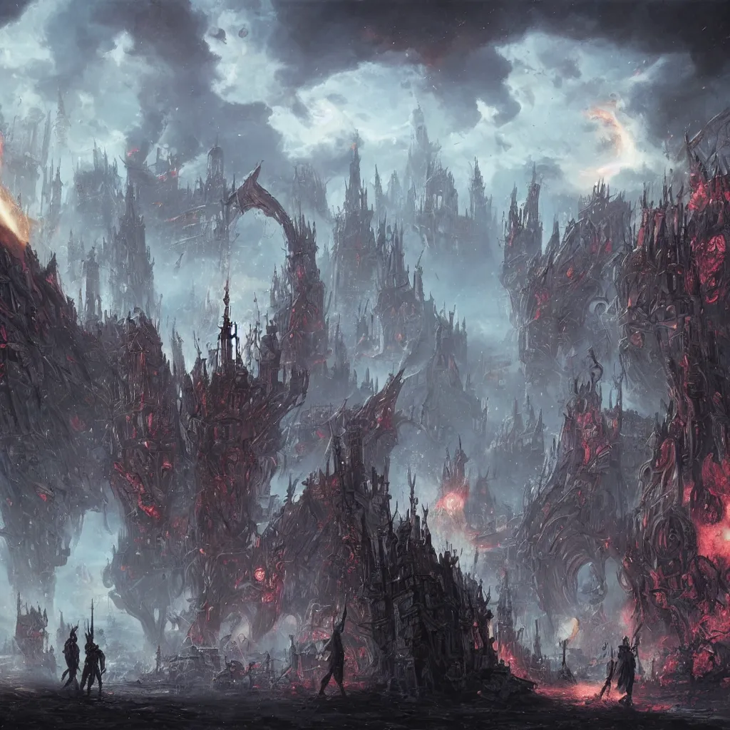 Prompt: revolutionary france attacked by aliens and cosmic horrors, inspired by bloodborne screenshots, fancy medieval architecture, mesmerizing, beautiful, fantastical, concept art, highly detailed, artstation, trending, widescreen resolution, feng zhu, shaddy safadi, noah bradley, tyler edlin, jordan grimmer, darek zabrocki, neil blevins, tuomas korpi