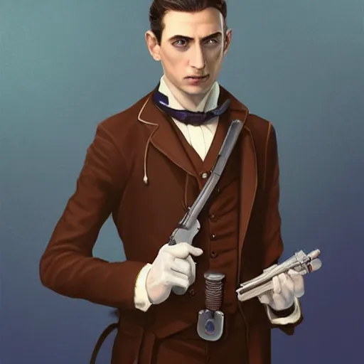 Image similar to a victorian doctor with a gun, young man, clean shaven, pale skin, vampire, dark brown duster, short brown hair, brooding, character art, full body art, Dungeons and Dragons, D&D, trending on artstation, artgerm, 4k ultra hd, sharp focus, digital art by Ilya Kuvshinov and Ross Tran,