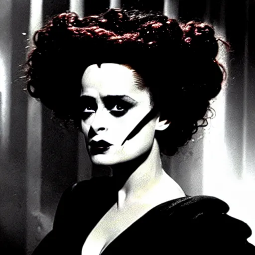 Image similar to cinematic portrait of shocked helena bonham carter as bride of frankenstein as a replicant in a busy nightclub,, still from the movie bladerunner, fashion photography, a sign is in the background, 8 k, high detail, face in focus