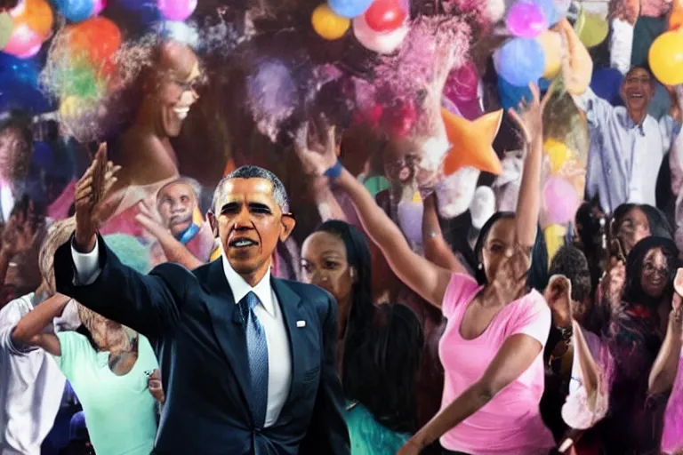 Prompt: barack obama with terf bangs dancing at the disco,