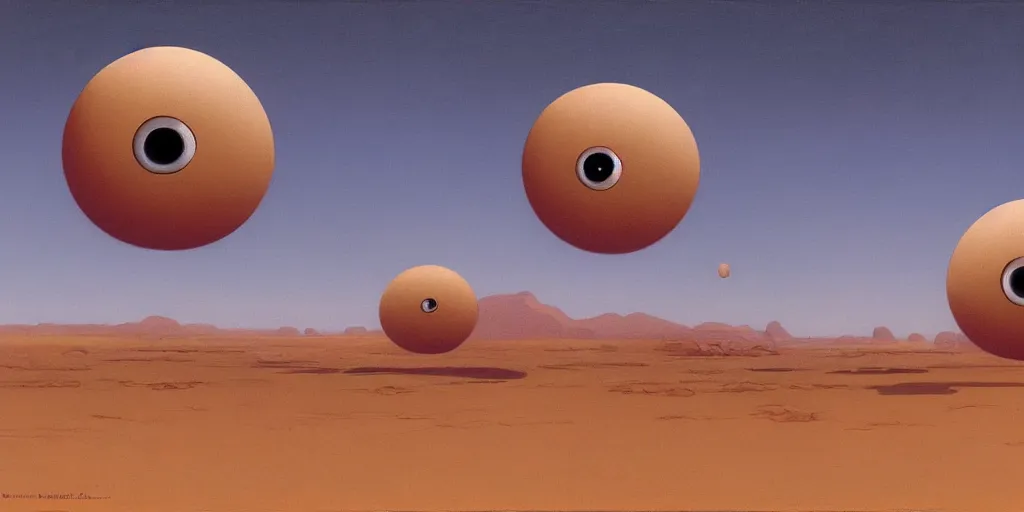 Image similar to a giant pair of eyeballs floating above a desert landscape ralph mcquarrie