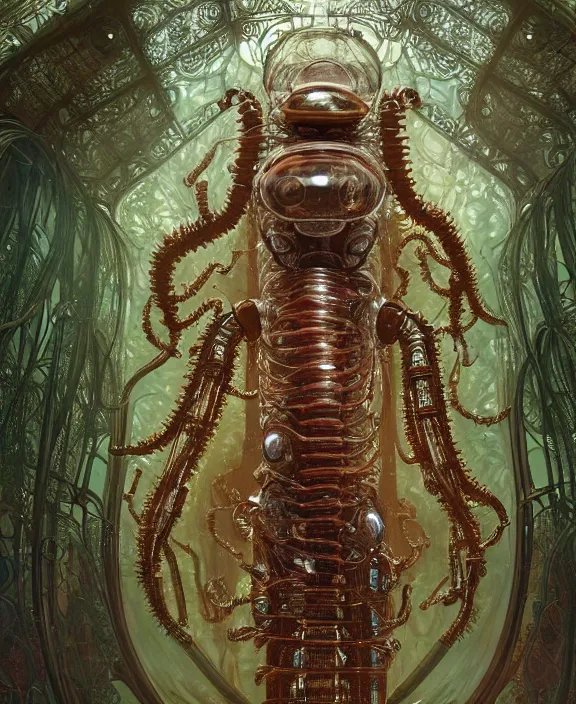 Image similar to intricate ornate opulent transparent clear see - through portrait of a terrifying male alien centipede robot, mottled coloring, adorable, childlike, overgrown biopunk jungle environment, ultra realistic, concept art, art nouveau, photorealistic, octane render, 8 k, unreal engine. art by christopher marley and artgerm and greg rutkowski and alphonse mucha