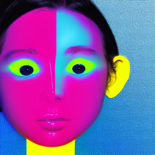 Prompt: a portrait of a girl, in the style of thom wasselmann and kaws, clean color and neon fluorescent airbrush accents typographic graphic design volumetric octane render