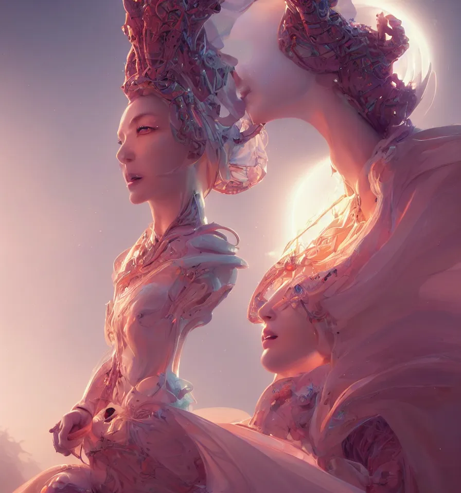 Image similar to portrait of a beautiful princess in robe. bio luminescent biomechanical halo around head. artwork by jarold Sng by artgerm, by Eddie Mendoza, by Peter mohrbacher by tooth wu, unreal engine, octane render, cinematic light, high details, iridescent colors, dichroic, macro