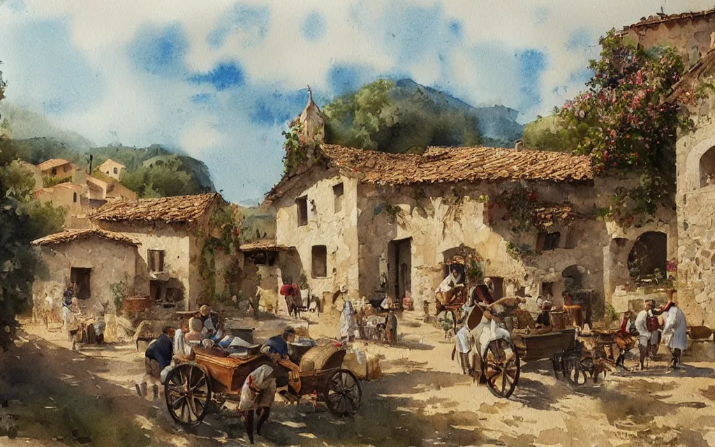 Image similar to beautiful watercolor painting by joseph zbukvic and alvaro castagnet, depicting a wine harvesting on a sunny day in a little italian village