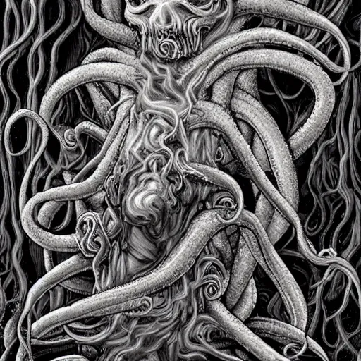 Prompt: a horrifying god in the form of a mass of amorphous tentacles in the abyss of deep space, photorealistic, detailed photography, divinity, awful, cosmic horror, religious art