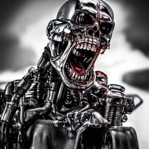 Prompt: terminator laughing and fooling around, ultra realistic details, 8 k, photography