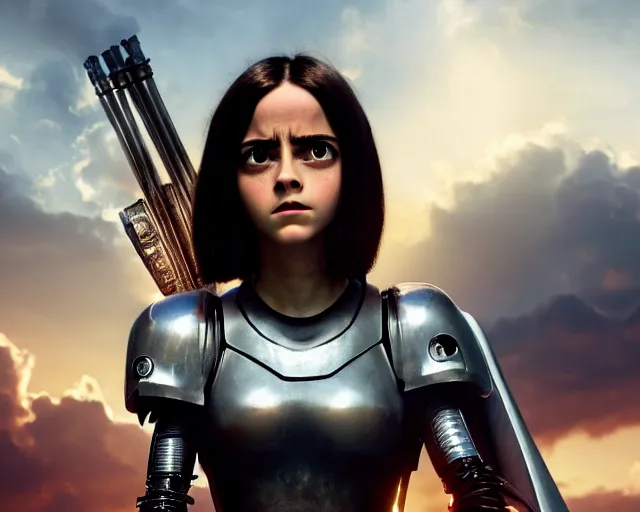 Image similar to a film still from battle angel alita played by actress emma watson, portrait, cinematic lighting, photorealistic, hyperrealistic, highly detailed, photorealistic, high resolution, 4 k