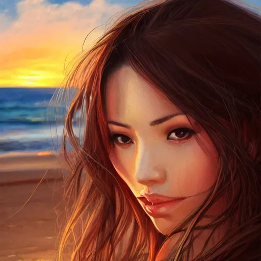 Prompt: portrait of beautiful woman on the beach, brown eyes, sunset, highly detailed, by wlop, rossdraws, artgerm.