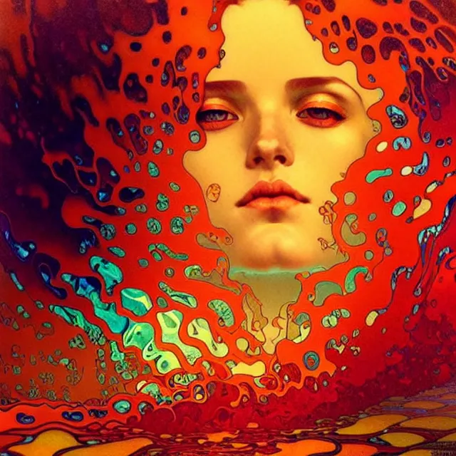 Image similar to mind bending ocean waves of glossy psychedelic liquid honey drops flowing like kaleidoscopic translucent amber, lsd waves, lsd ripples, crystal clear, backlit, sunset, refracted lighting, art by collier, albert aublet, krenz cushart, artem demura, alphonse mucha