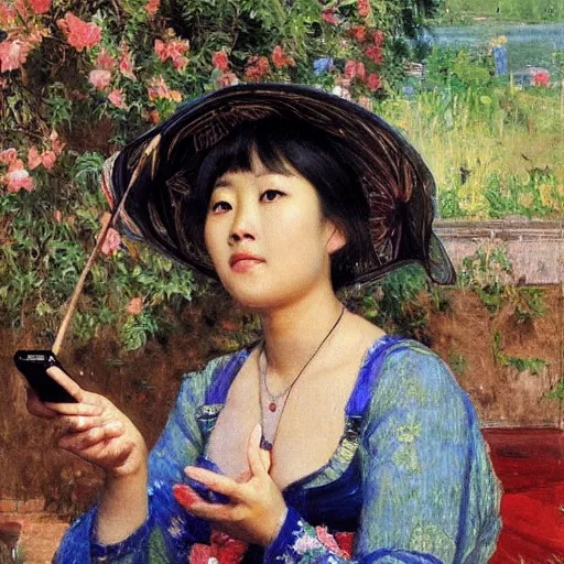 Image similar to portrait of asian beautiful woman watching smartphone masterpiece painting by vasnetsov and surikov, JEAN-VICTOR BERTIN, by Terence Cuneo, detailed, artfully traced, 4k resolution, cinematic