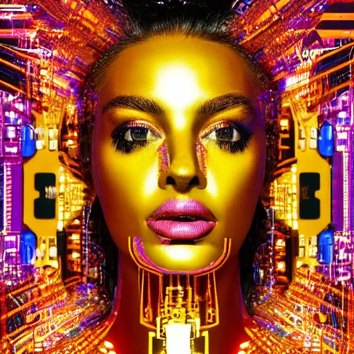 Prompt: hyperdetailed masterpiece portrait of a glossy golden metallic statue of a woman covered in colorful glowing digital circuits and hexagons, symmetrical, in the style of virgil abloh, offwhite, heron prestorn, denoise, vogue, paris, fashion, louvre museum, highly detailed, realistic, hyperreal, 8 k, render