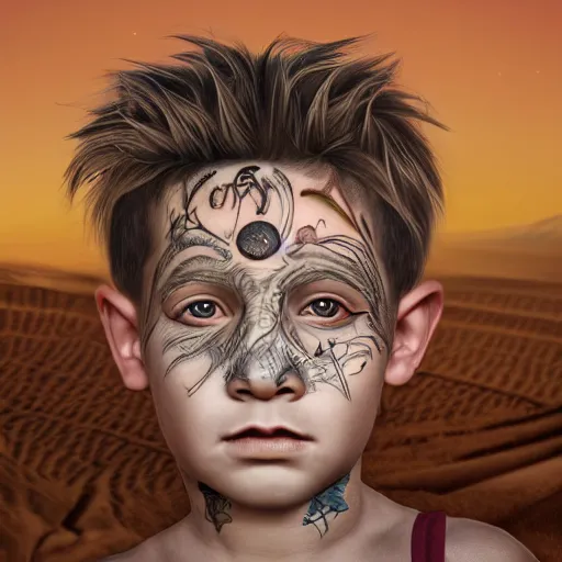 Image similar to a detailed portrait of a boy with a face tattoo in the desert, fantasy art illustration, incredibly highly detailed and realistic, 8 k, sharp focus