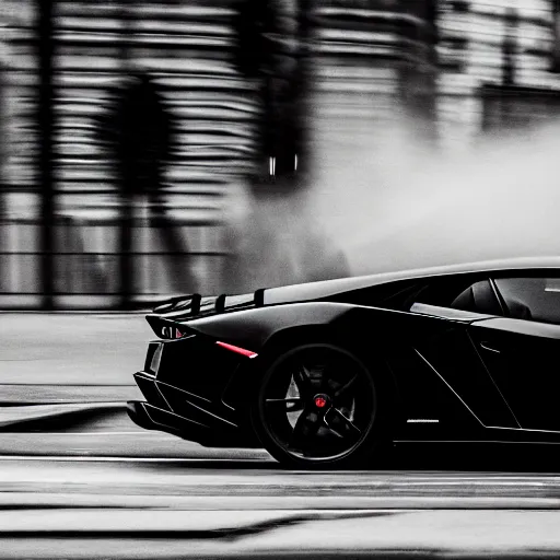 Image similar to black and white press photograph of a tired and depressed man in a black suit pushing a lamborghini that is out of gas on a busy city street, sideview, detailed, natural light, mist, film grain, soft vignette, sigma 5 0 mm f / 1. 4 1 / 1 0 sec shutter, imax 7 0 mm footage