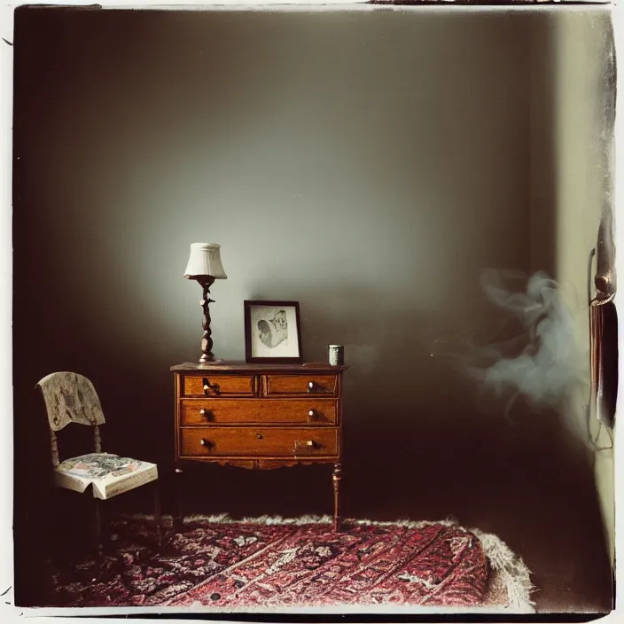 Image similar to kodak portra 4 0 0, wetplate, fisheye, award - winning portrait by britt marling, 1 8 8 0 s bedroom, ghost, picture frames, shining lamps, dust, smoke, 1 8 8 0 s furniture, wallpaper, carpet, books, muted colours, wood, fog, plants, flowers