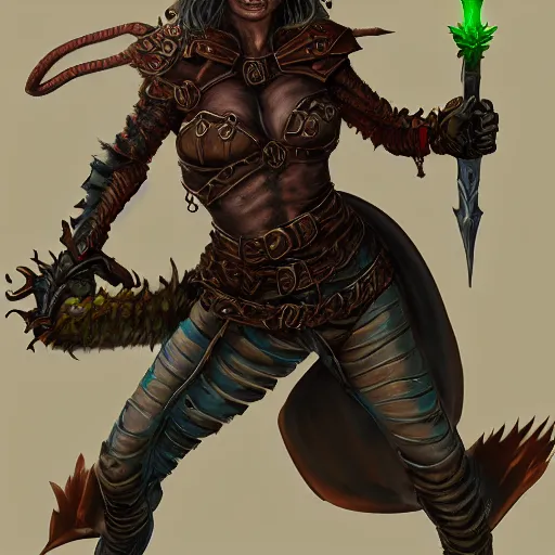 Image similar to character portrait of a wild - eyed female goblin wielding daggers and wearing fully clothed leather armor. d & d. digital painting. high detail. trending on artstation. larry elmore.