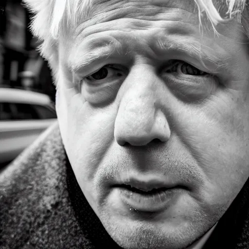 Prompt: Boris Johnson with half face missing, morbid, evil, dark photography, realistic, candid street portrait in the style of Rehahn award winning, Sony a7R,