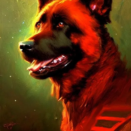 Image similar to a portrait of a black german shepard dogman canine star trek captain red shirt. highly detailed painting by gaston bussiere craig mullins jc