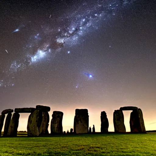 Prompt: a high - quality photo of the perseid meteor shower over stonehenge, milky way, long exposure, iso 1 6 0 0, astrophotography, f 2. 8