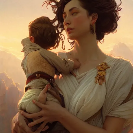 Image similar to giantess woman holding a small man in her hands, intricate, highly detailed, digital painting, artstation, concept art, smooth, sharp focus, illustration, unreal engine 5, 8 k, art by artgerm and greg rutkowski and alphonse mucha