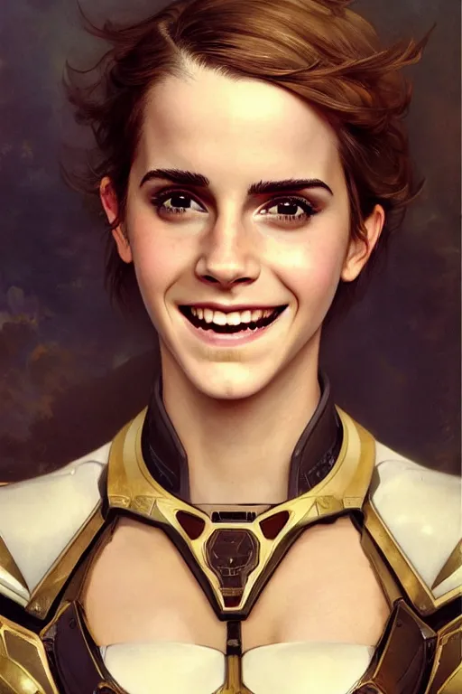 Prompt: emma watson smiling closeup portrait futuristic fractal fightsuit bustier armoured shorts gaston bussiere craig mullins j. c. leyendecker short wet hair