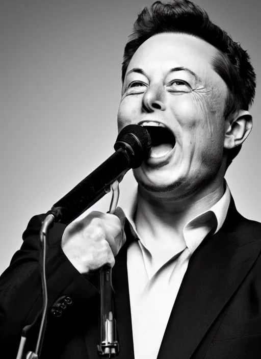 Image similar to Portrait of Elon musk wearing a suit, screaming into an old microphone . Black and white, high contrast