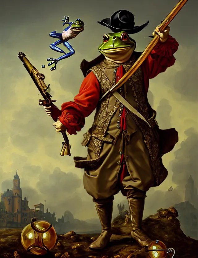 Image similar to anthropomorphic bipedal frog that is dressed as a medieval worker, and dual wielding revolver pistols, as a baroque oil painting and d & d character art, by alexander roslin, standing, fullbody, floating bubbles, enlightenment, mystic, concept art, award - winning, extremely detailed, sharp focus