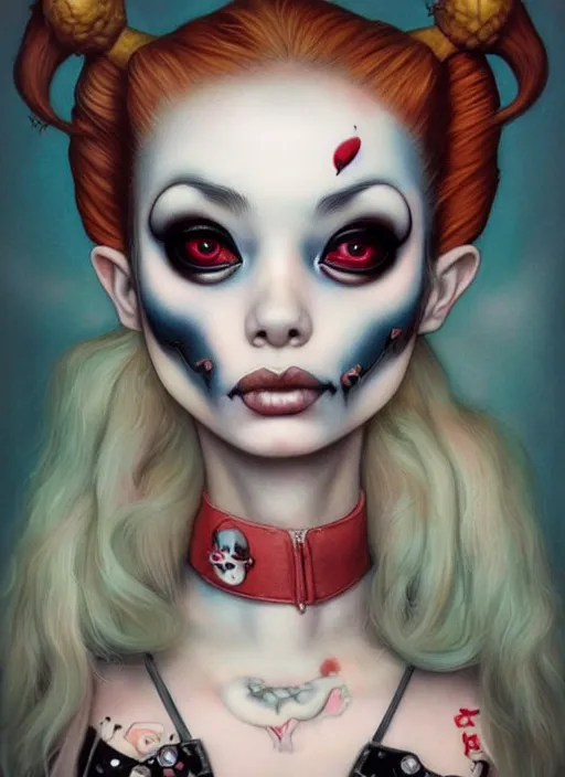 Prompt: pop surrealism, lowbrow art, realistic harley quinn painting, japanese street fashion, hyper realism, muted colours, rococo, natalie shau, loreta lux, tom bagshaw, mark ryden, trevor brown style,