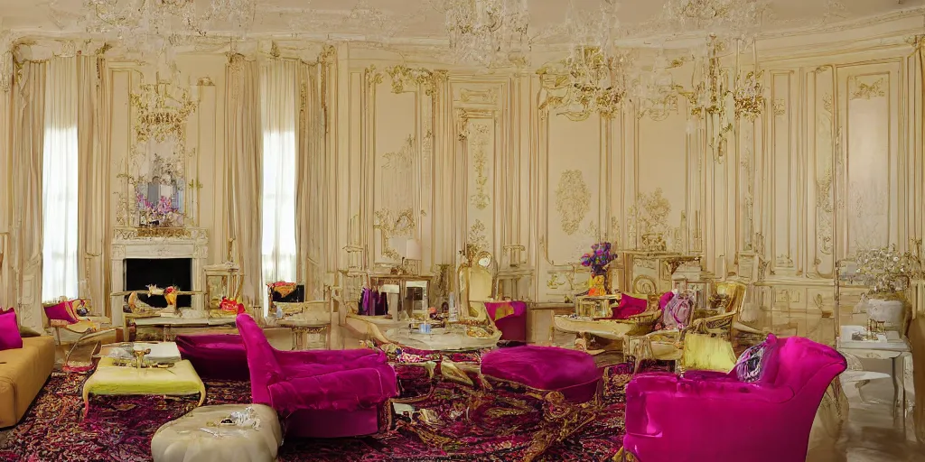 Prompt: photograph colourful minimalistic royal interior design living room, big open floor