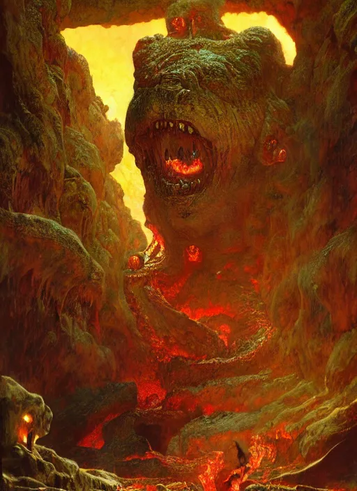 Image similar to monster in lava cave, by lawrence alma - tadema and zdzislaw beksinski and norman rockwell and jack kirby and tom lovell and greg staples, artstation creature art